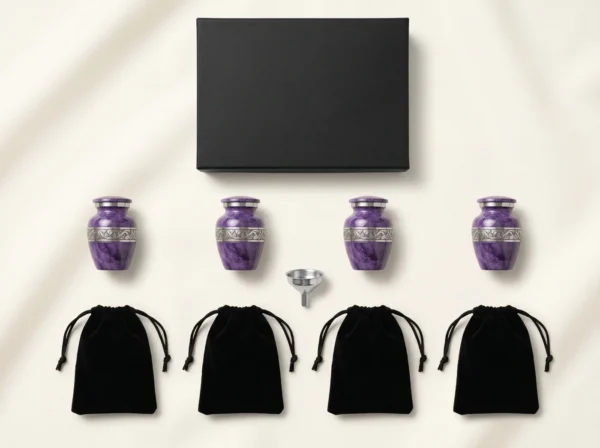 What is included with the purple keepsake set: four urns, velvet bags, funnel and gift box