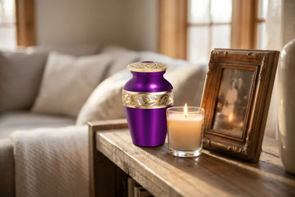 Purple keepsake urn on a shelf beside a candle and a framed photo