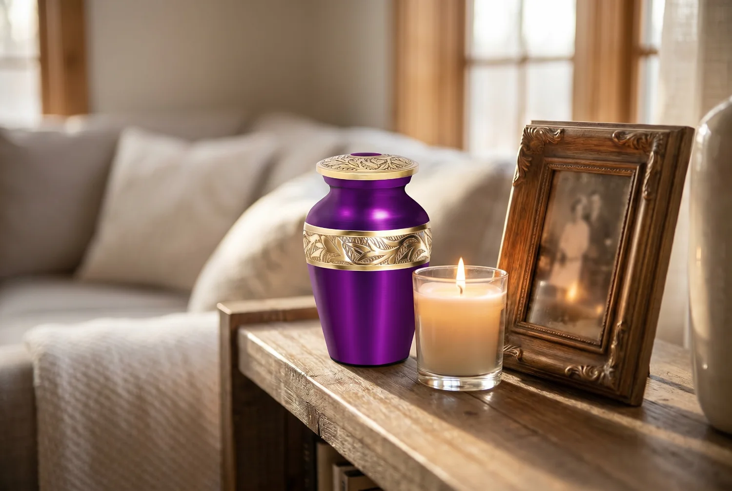 Purple keepsake urn at home beside a candle
