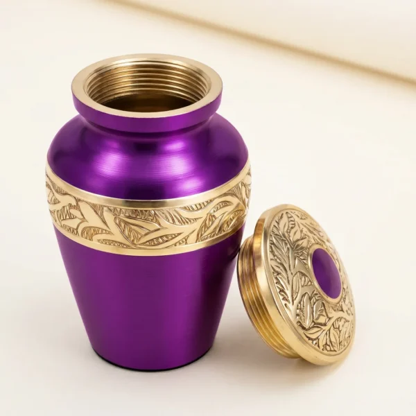 Purple keepsake urn with the threaded lid removed