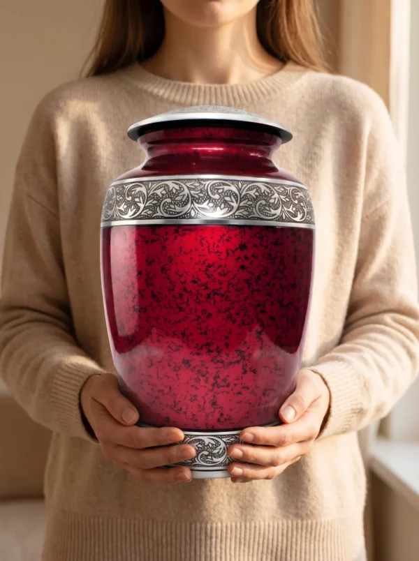 Woman holding the red cremation urn to show its size