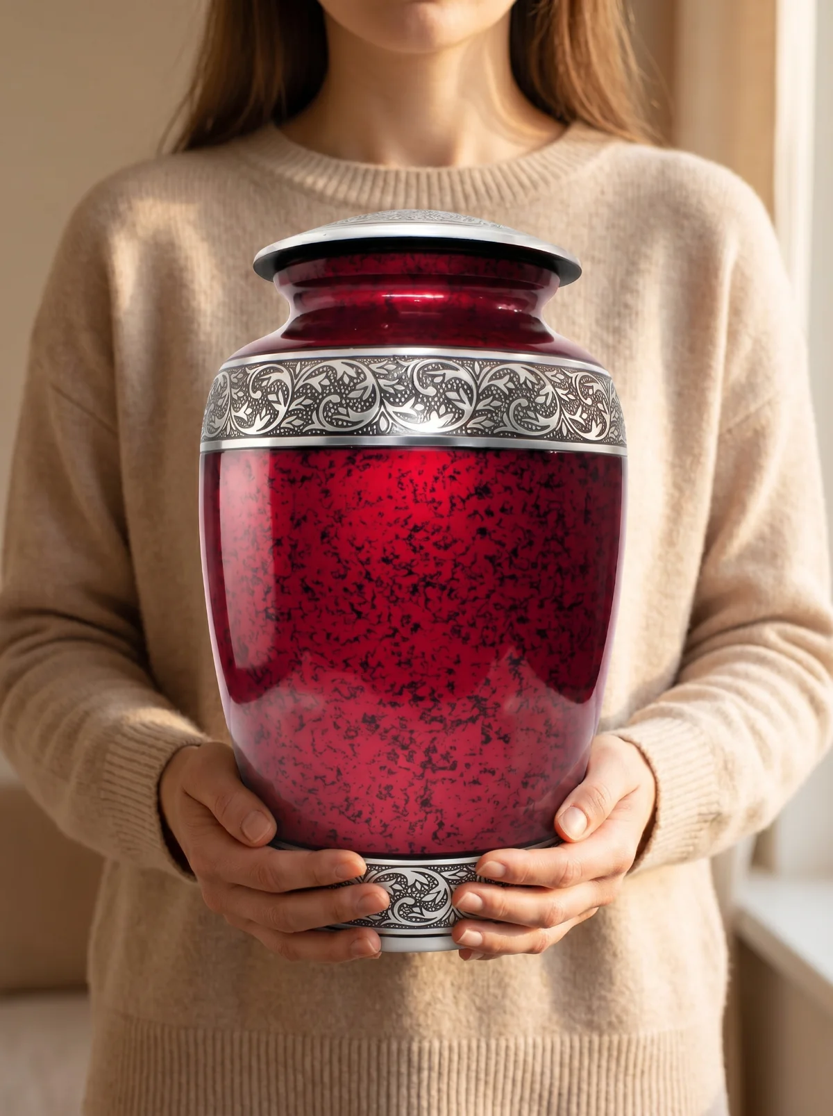 Woman holding the red family-set urn to show its size