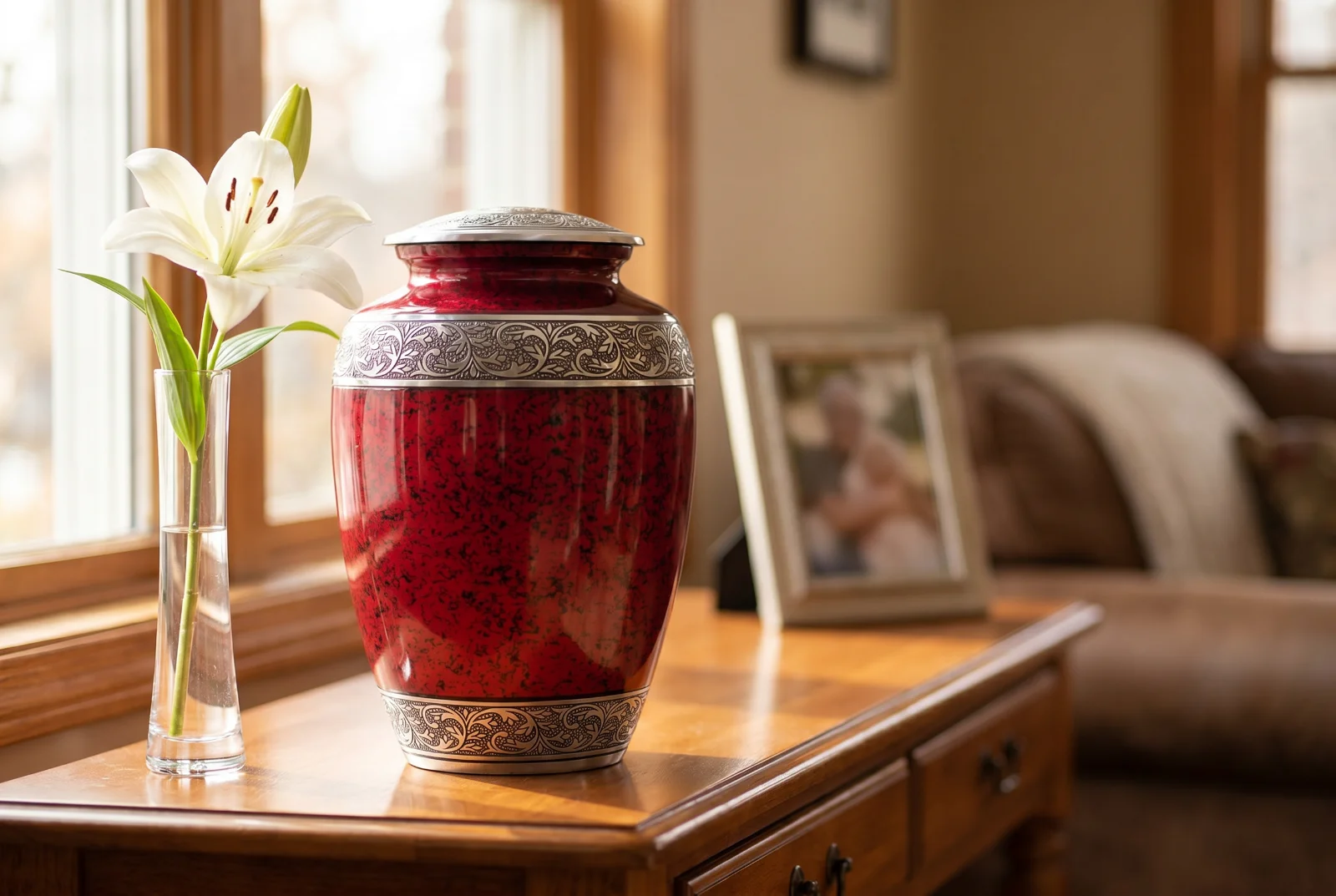 Red cremation urn at home