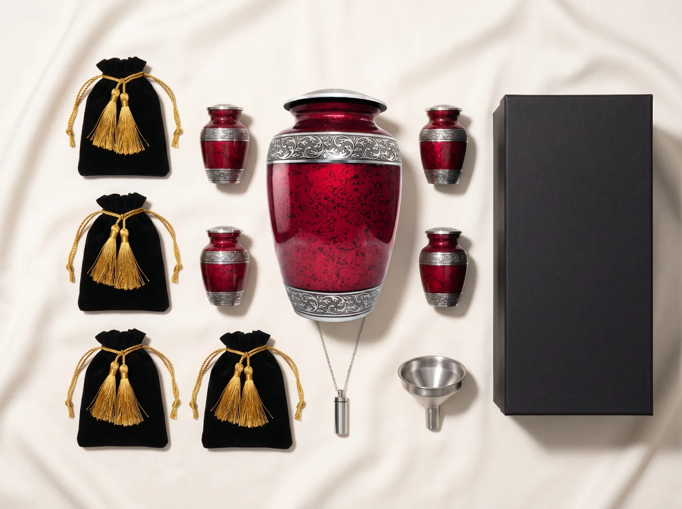 Everything included in the red cremation urn family set