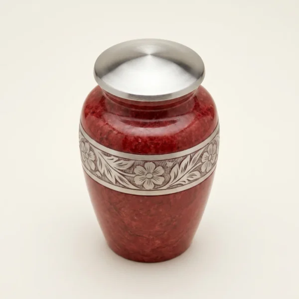 Red keepsake urn three-quarter angle