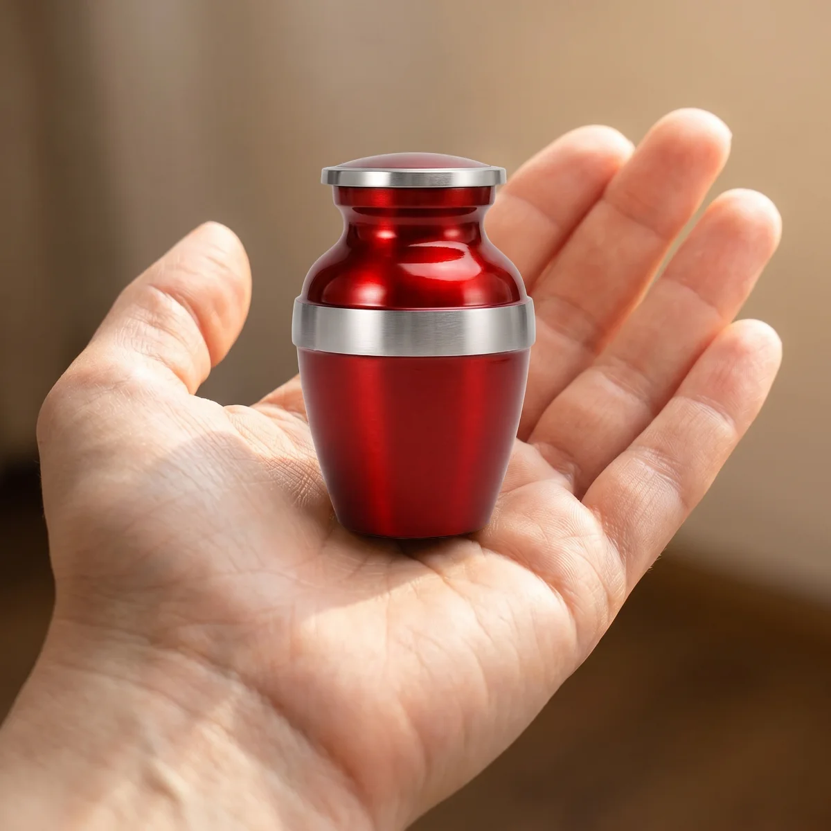 Single red keepsake urn in an open palm to show its size