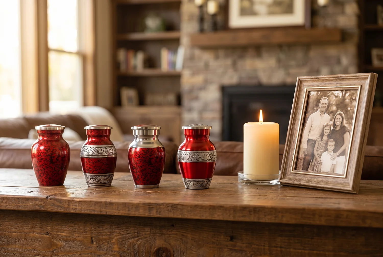 Four red keepsake urns on a mantel, one for each family member