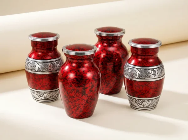 Set of four matching red keepsake urns with silver bands