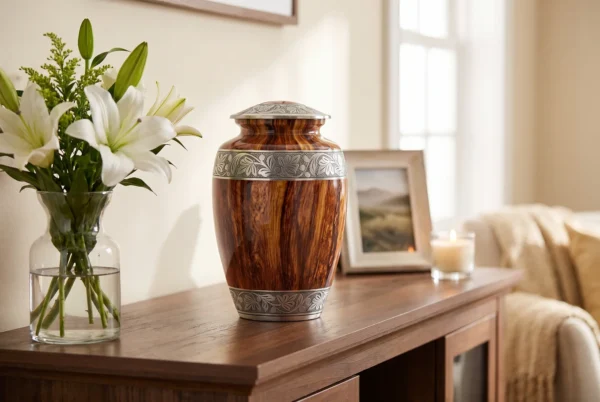 Red Oak cremation urn at home