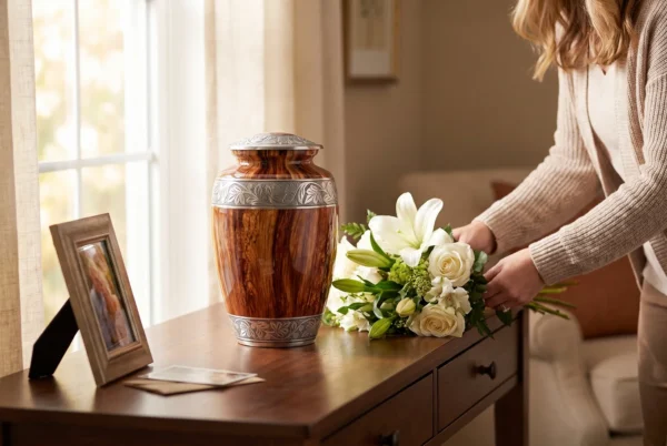 Red Oak cremation urn with woman placing flowers