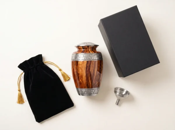 Red Oak cremation urn with velvet bag, silver funnel and box