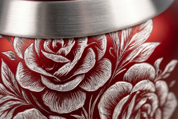 Red Rose Engraved cremation urn close-up silver engraving