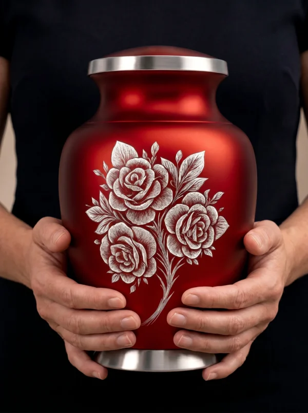 Red Rose Engraved cremation urn held for scale