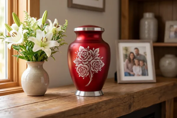 Red Rose Engraved cremation urn at home