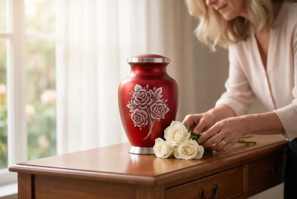 Red Rose Engraved cremation urn with woman placing flowers