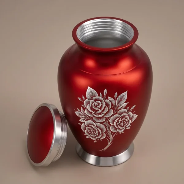 red rose engraved cremation urn with lid off showing the silver screw thread inside the neck