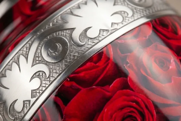 Red Rose cremation urn close-up of rose and silver band detail