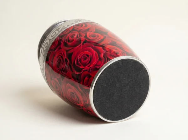 red rose cremation urn base with protective charcoal felt bottom