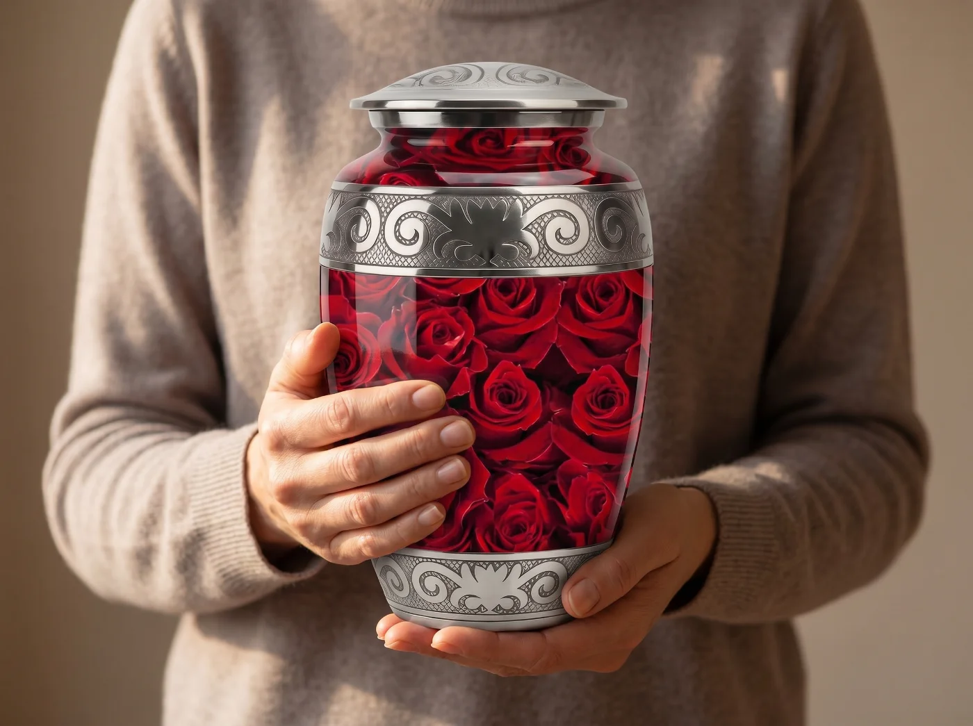 Person holding the red rose urn to show its scale