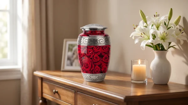 Red rose cremation urn displayed at home with white lilies
