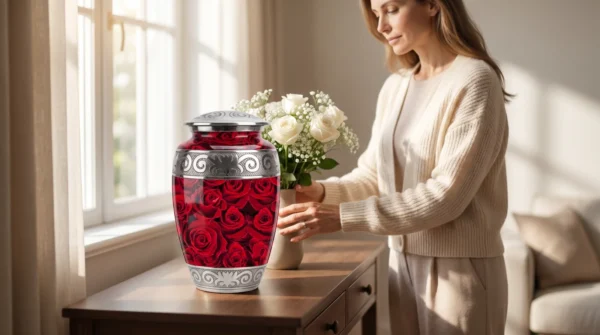A woman placing white flowers beside the red rose urn at home
