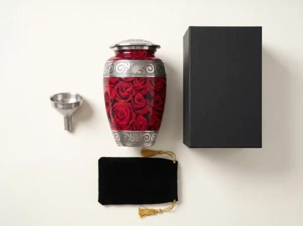 Red Rose cremation urn with velvet bag, silver funnel and gift box