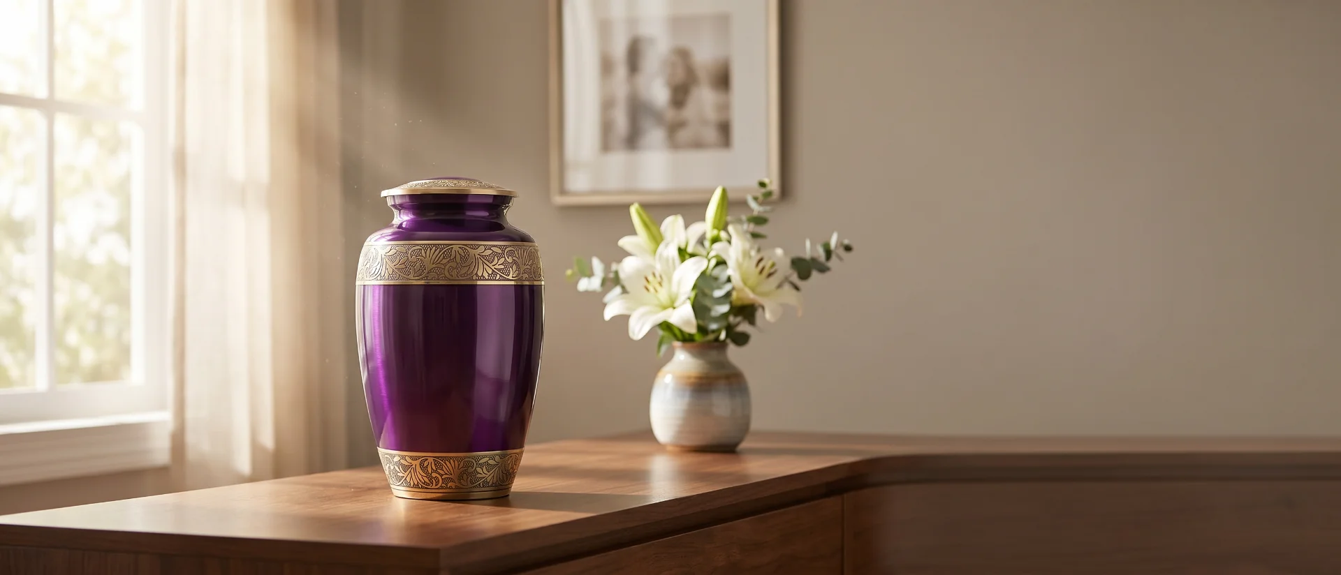 Purple and gold cremation urn in a softly lit home setting