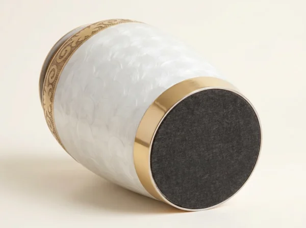 white gold enamel cremation urn base with protective charcoal felt bottom