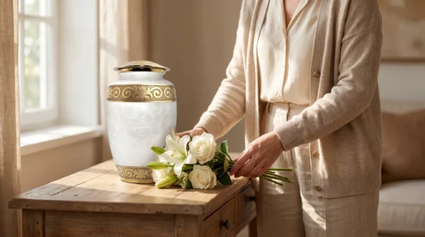 A woman placing white flowers beside the white and gold enamel urn at home
