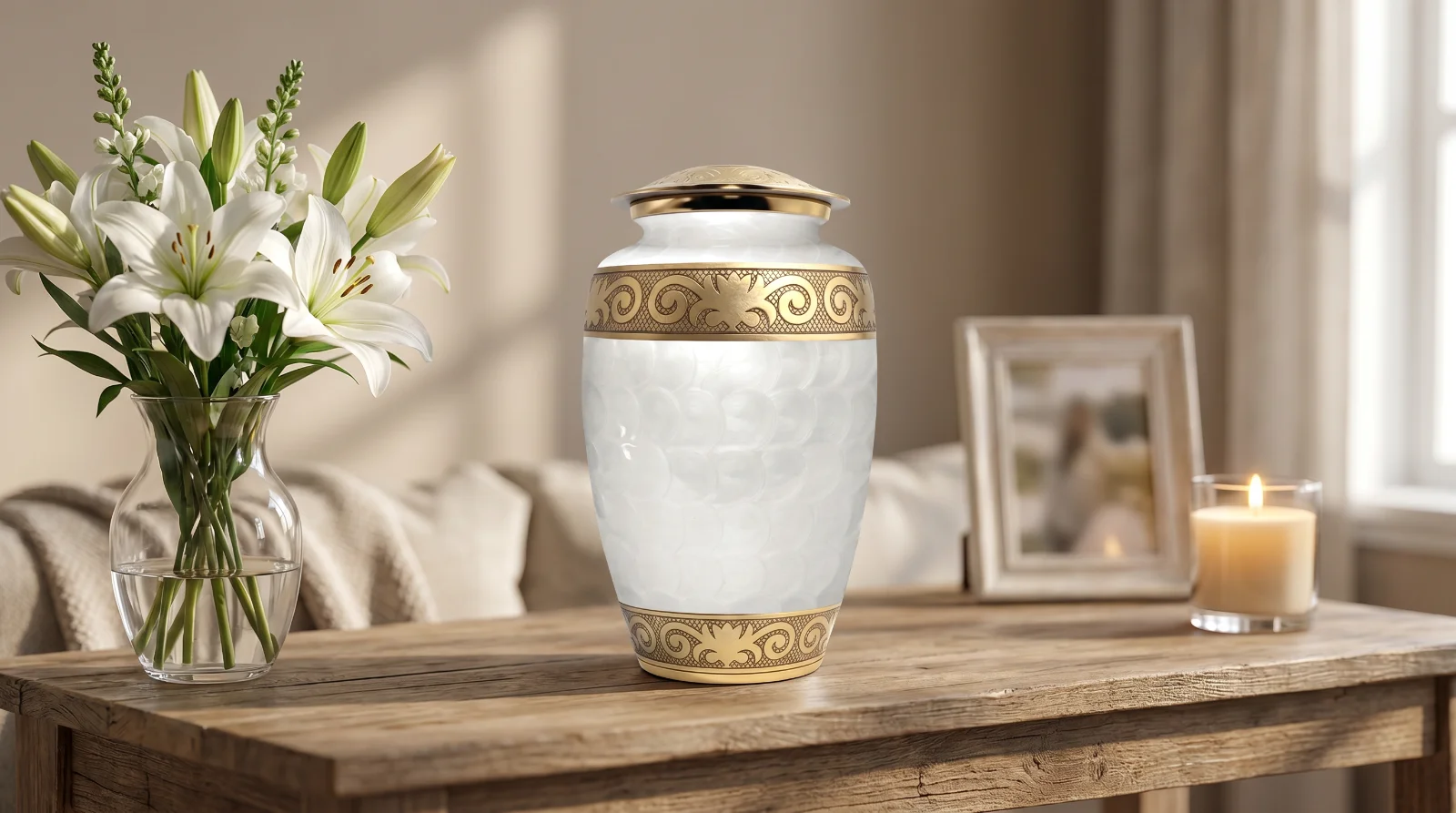 White and gold enamel urn displayed at home