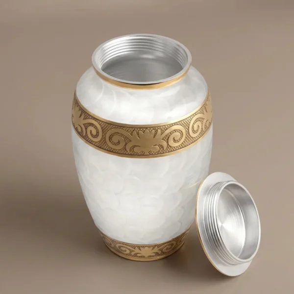 white gold enamel cremation urn with lid off showing the silver screw thread inside the neck