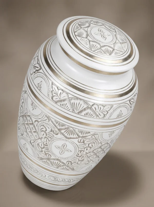 White & Gold Etched cremation urn three-quarter angle view
