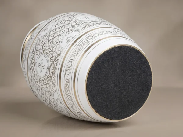 white gold etched cremation urn base with protective charcoal felt bottom