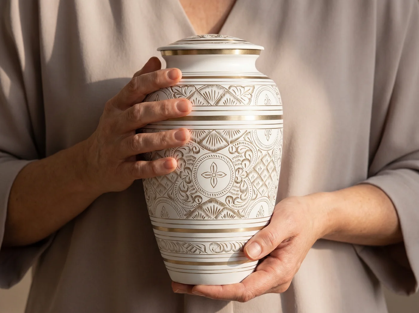Person holding the white and gold etched urn to show its scale