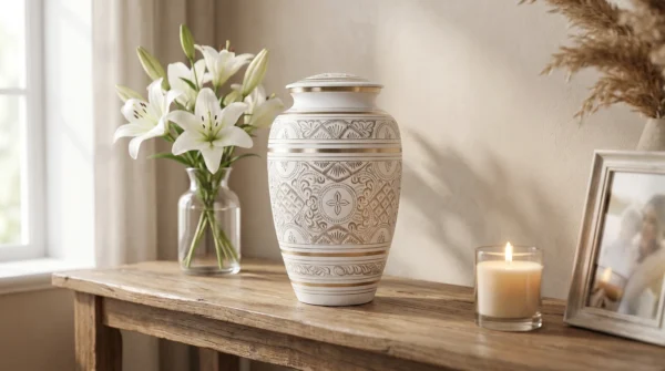 White and gold etched urn displayed at home with white lilies