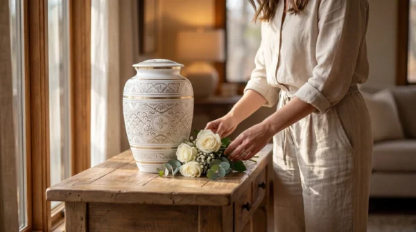 A woman placing white flowers beside the white and gold etched urn at home