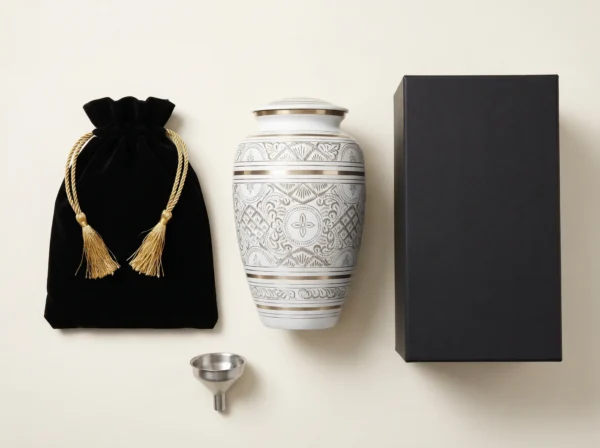 White & Gold Etched cremation urn with velvet bag, silver funnel and gift box