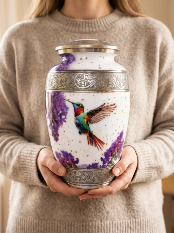 Woman holding the hummingbird cremation urn to show its size