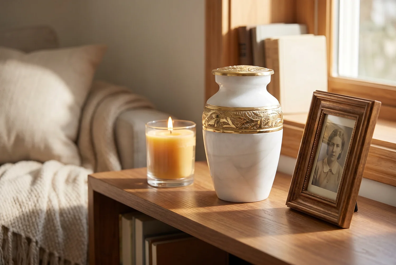 White keepsake urn at home beside a candle