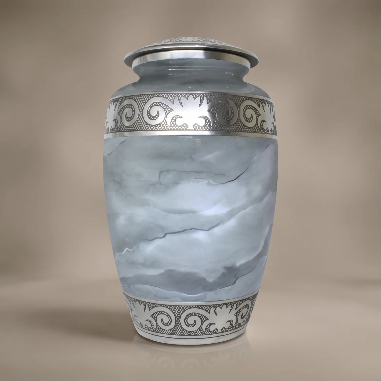 White marble full-size cremation urn, a matching adult urn