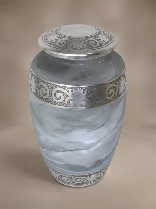 White Marble cremation urn three-quarter angle view