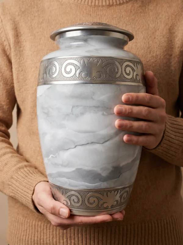 White Marble cremation urn held in both hands for scale