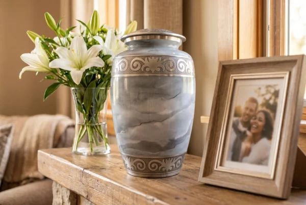 White Marble cremation urn displayed on a console at home
