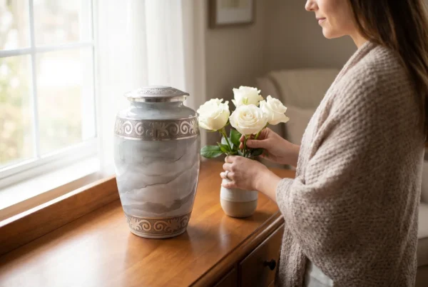 White Marble cremation urn with a woman placing flowers