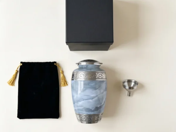 White Marble cremation urn with velvet bag, silver funnel and gift box