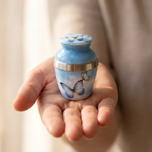 Small blue butterfly keepsake urn resting in an open palm to show its size