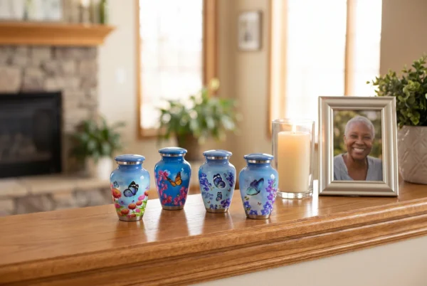 Four blue butterfly keepsake urns with silver bands on a mantel with a candle and framed photo