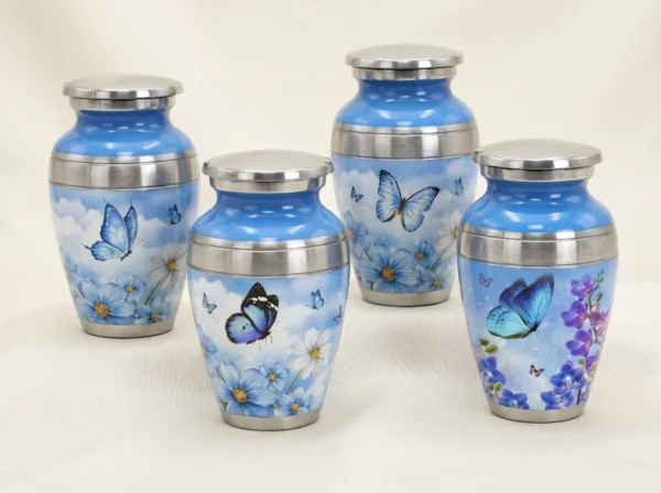 Set of four blue butterfly keepsake urns with silver engraved bands, studio group shot
