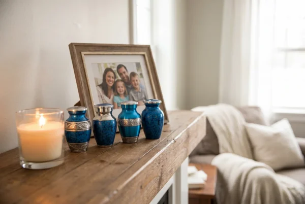 Four blue marble keepsake urns with silver bands on a mantel with a candle and framed photo