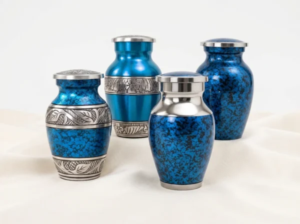 Set of four blue marble keepsake urns with silver engraved bands, studio group shot